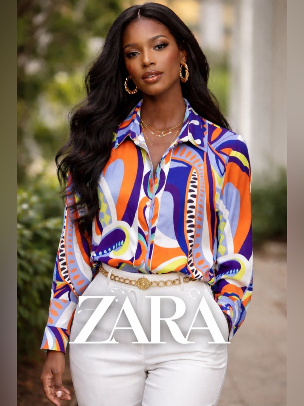 Zara Multicolor Retro Print Button-Up Blouse - Purple, Orange, Blue, White